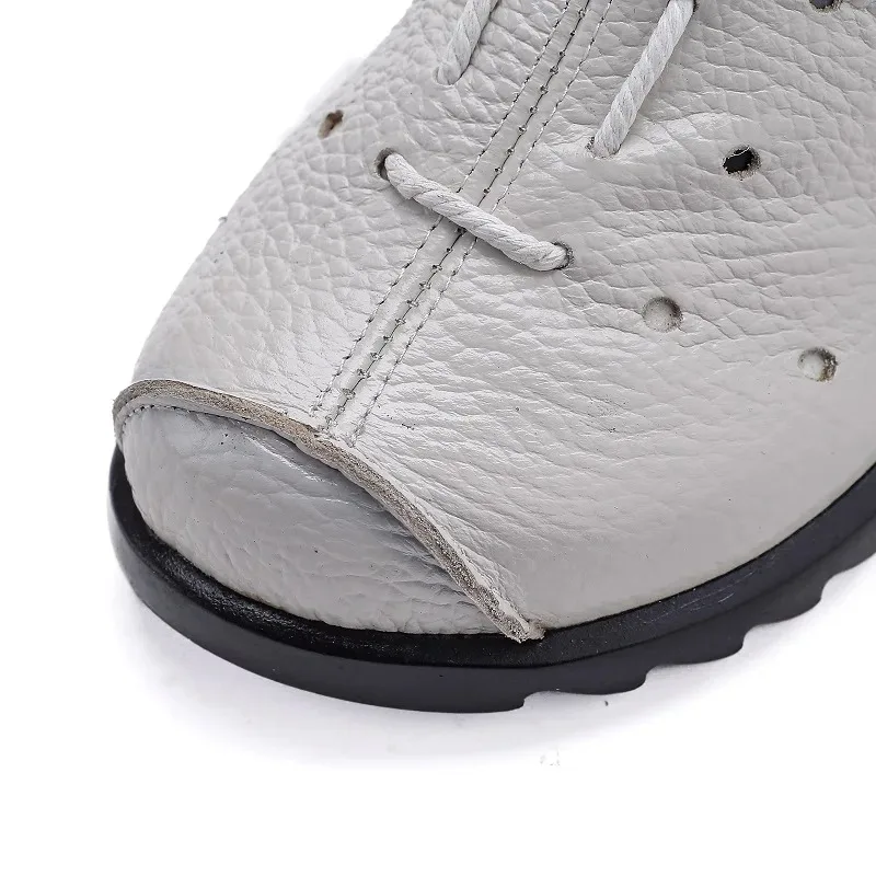 New Genuine Leather Boots Women's Laced Up Hollow Out Shoes Ladies Zip Up Mid Calf Boots Woman Concise White Luxury Boot Vintage