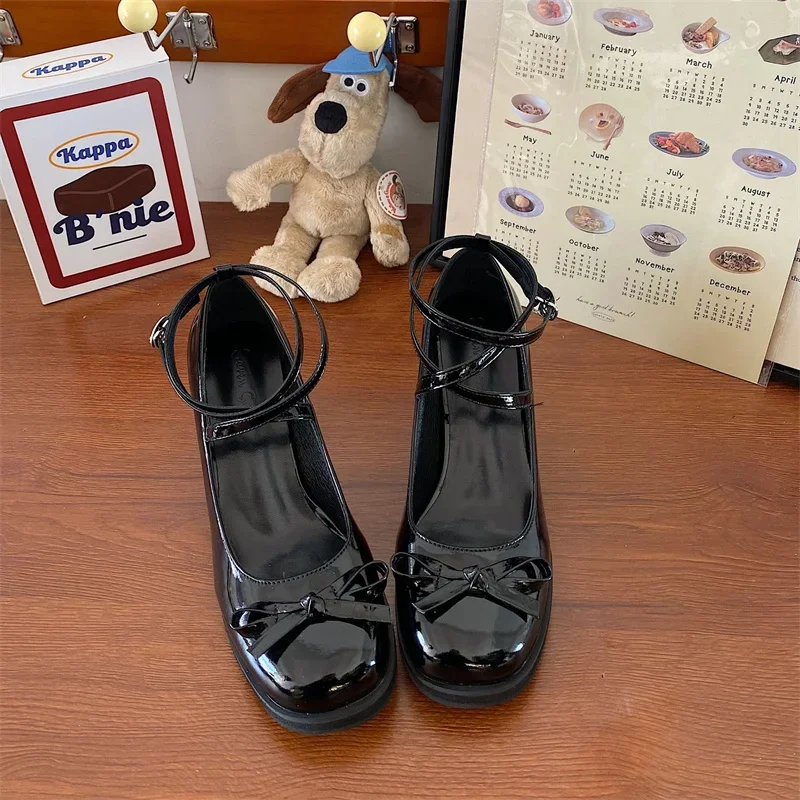 Women Pumps Thick High Heels Shoes Red Mary Jane Female Lolita Square Toe Shoes Spring Fashion Party Leather Woman Shoes New