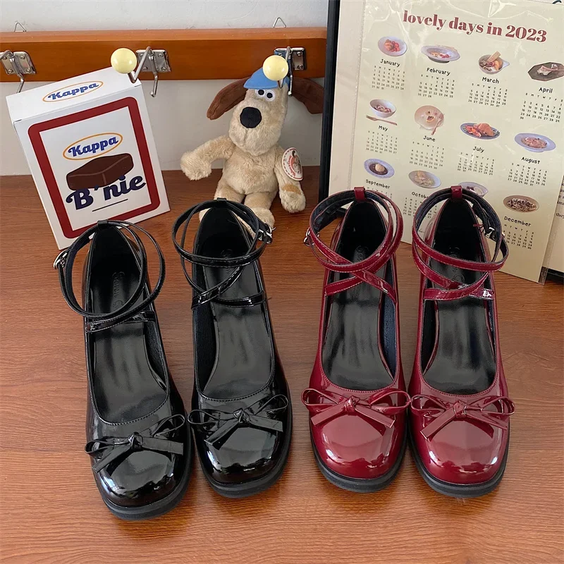 Women Pumps Thick High Heels Shoes Red Mary Jane Female Lolita Square Toe Shoes Spring Fashion Party Leather Woman Shoes New