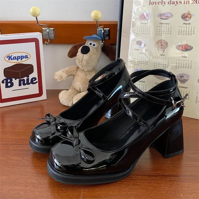 Women Pumps Thick High Heels Shoes Red Mary Jane Female Lolita Square Toe Shoes Spring Fashion Party Leather Woman Shoes New