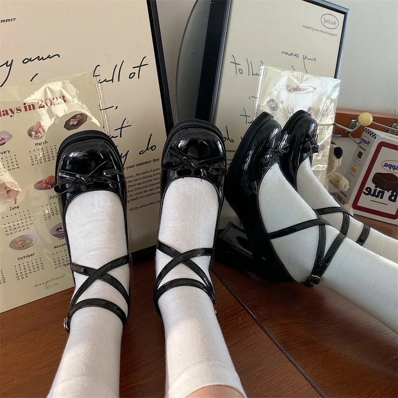 Women Pumps Thick High Heels Shoes Red Mary Jane Female Lolita Square Toe Shoes Spring Fashion Party Leather Woman Shoes New
