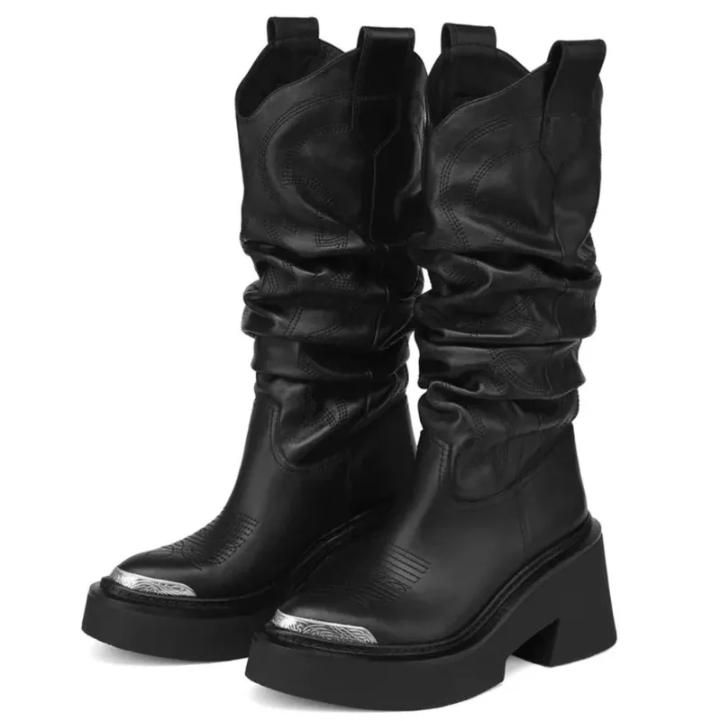 Luxury Brand Motorcycle Women's Calf Boots Platform Chunky High Heels Goth Metal Punk Shoes For Women Winter Comfy Design Boots