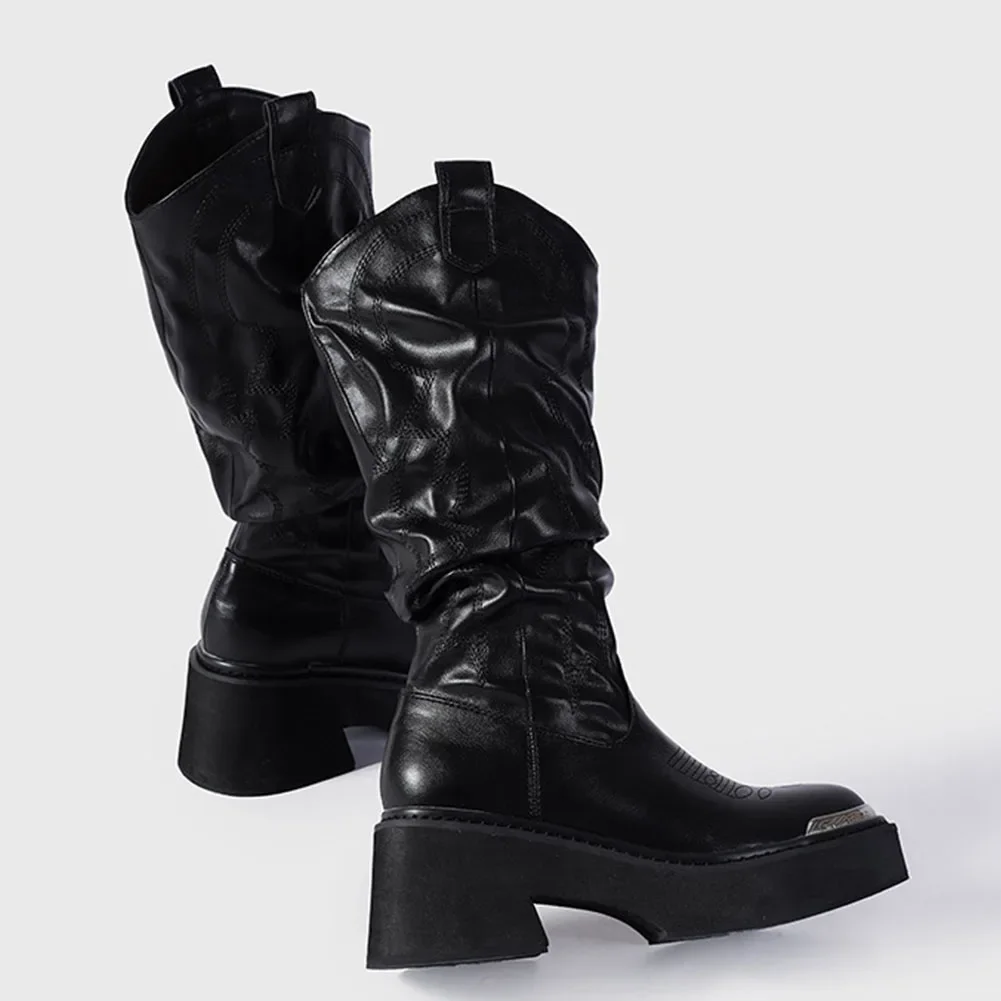 Luxury Brand Motorcycle Women's Calf Boots Platform Chunky High Heels Goth Metal Punk Shoes For Women Winter Comfy Design Boots Luxury Brand Motorcycle Women's Calf Boots Platform Chunky High Heels Goth Metal Punk Shoes For Women Winter Comfy Design Boots