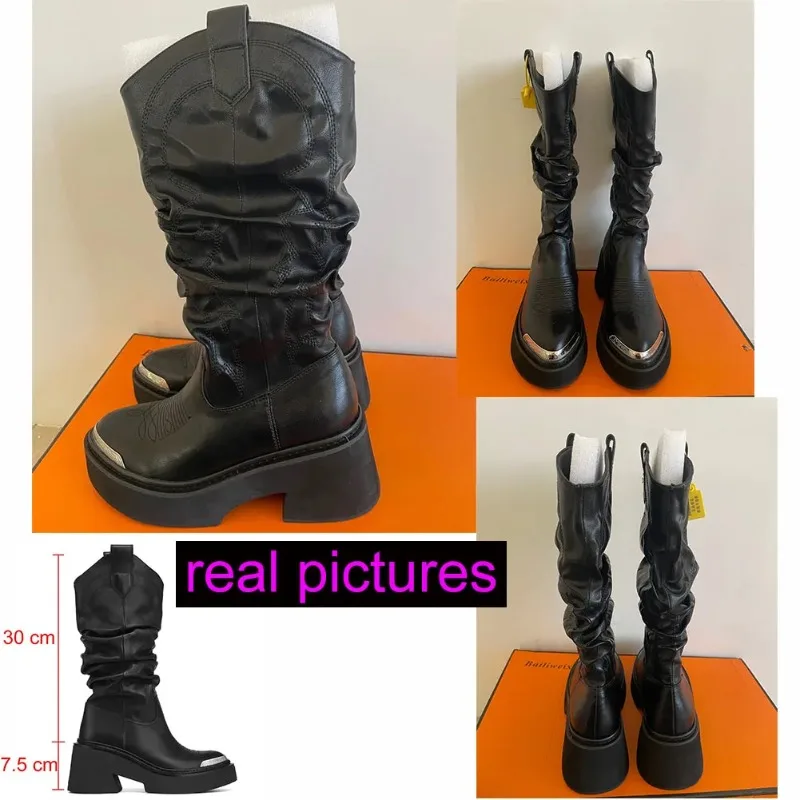 Luxury Brand Motorcycle Women's Calf Boots Platform Chunky High Heels Goth Metal Punk Shoes For Women Winter Comfy Design Boots