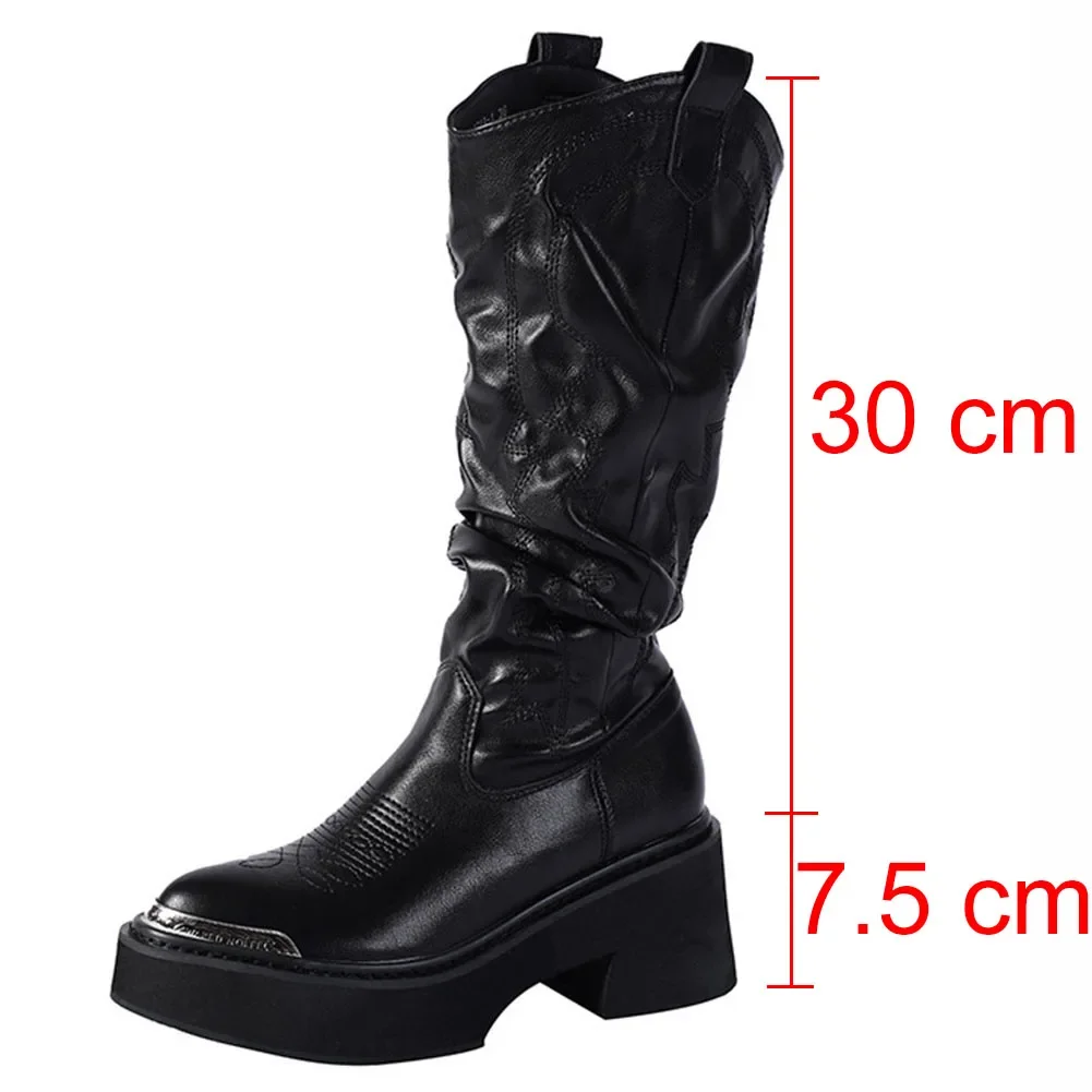 Luxury Brand Motorcycle Women's Calf Boots Platform Chunky High Heels Goth Metal Punk Shoes For Women Winter Comfy Design Boots