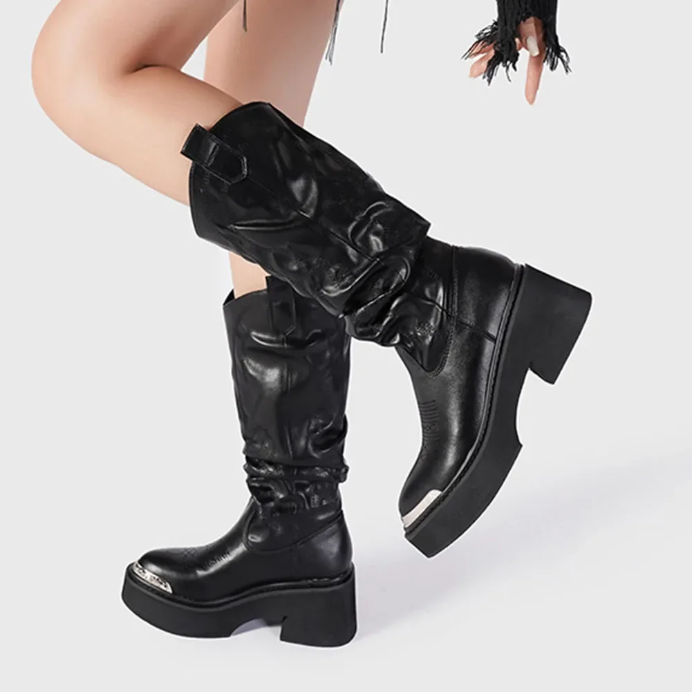 Luxury Brand Motorcycle Women's Calf Boots Platform Chunky High Heels Goth Metal Punk Shoes For Women Winter Comfy Design Boots Luxury Brand Motorcycle Women's Calf Boots Platform Chunky High Heels Goth Metal Punk Shoes For Women Winter Comfy Design Boots