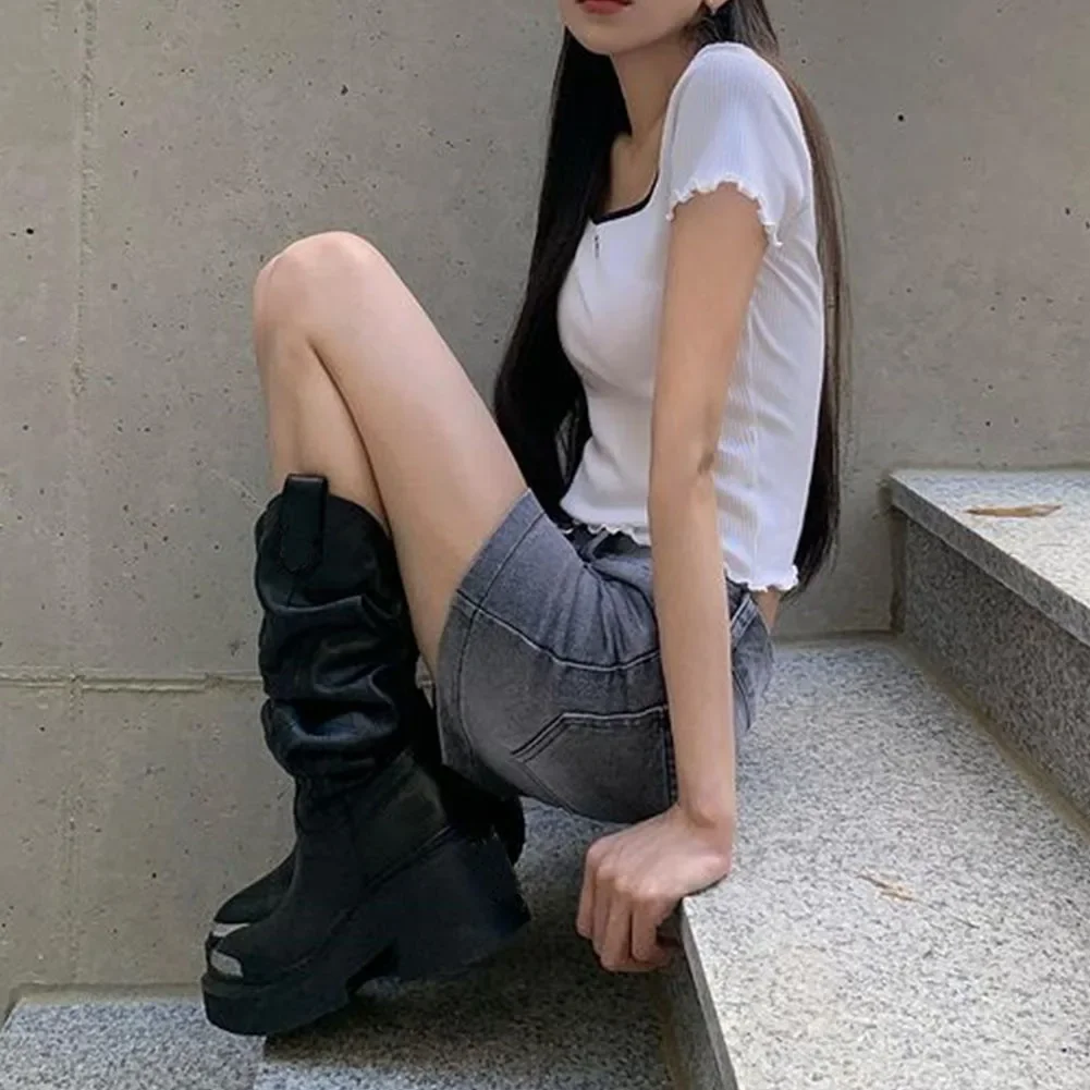 Luxury Brand Motorcycle Women's Calf Boots Platform Chunky High Heels Goth Metal Punk Shoes For Women Winter Comfy Design Boots Luxury Brand Motorcycle Women's Calf Boots Platform Chunky High Heels Goth Metal Punk Shoes For Women Winter Comfy Design Boots