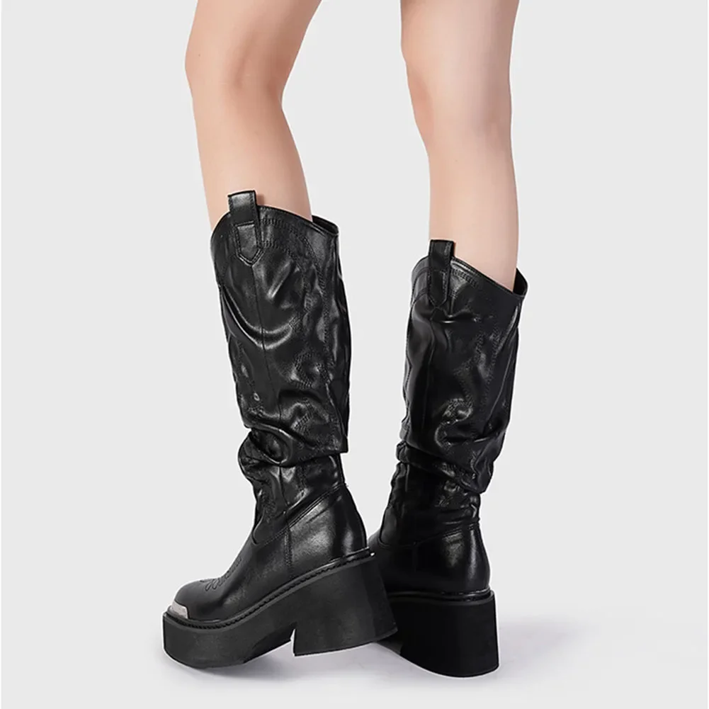 Luxury Brand Motorcycle Women's Calf Boots Platform Chunky High Heels Goth Metal Punk Shoes For Women Winter Comfy Design Boots Luxury Brand Motorcycle Women's Calf Boots Platform Chunky High Heels Goth Metal Punk Shoes For Women Winter Comfy Design Boots