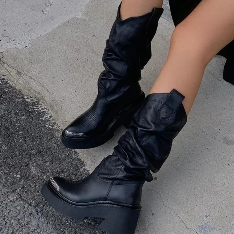Luxury Brand Motorcycle Women's Calf Boots Platform Chunky High Heels Goth Metal Punk Shoes For Women Winter Comfy Design Boots