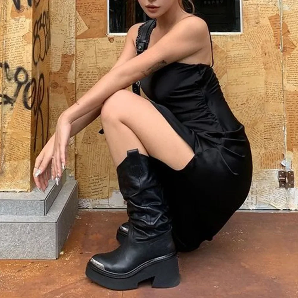 Luxury Brand Motorcycle Women's Calf Boots Platform Chunky High Heels Goth Metal Punk Shoes For Women Winter Comfy Design Boots Luxury Brand Motorcycle Women's Calf Boots Platform Chunky High Heels Goth Metal Punk Shoes For Women Winter Comfy Design Boots