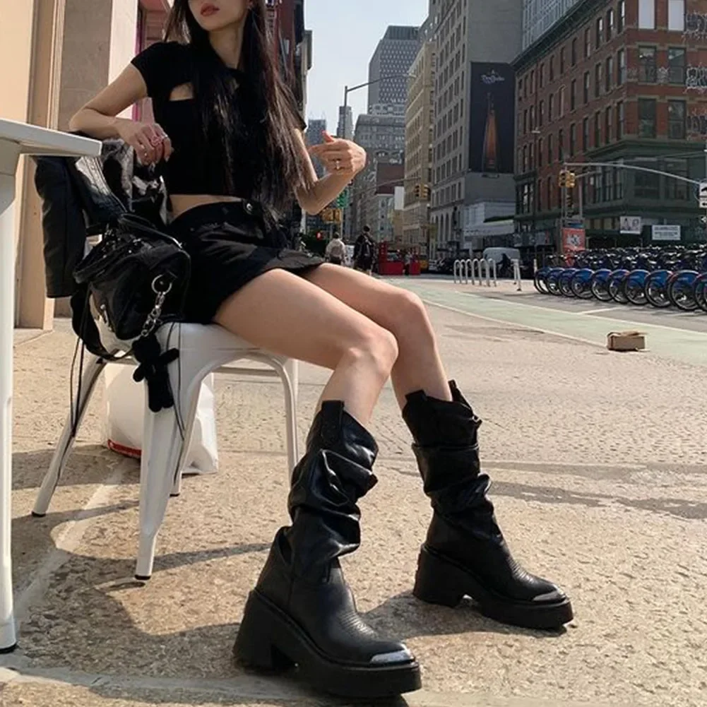 Luxury Brand Motorcycle Women's Calf Boots Platform Chunky High Heels Goth Metal Punk Shoes For Women Winter Comfy Design Boots Luxury Brand Motorcycle Women's Calf Boots Platform Chunky High Heels Goth Metal Punk Shoes For Women Winter Comfy Design Boots