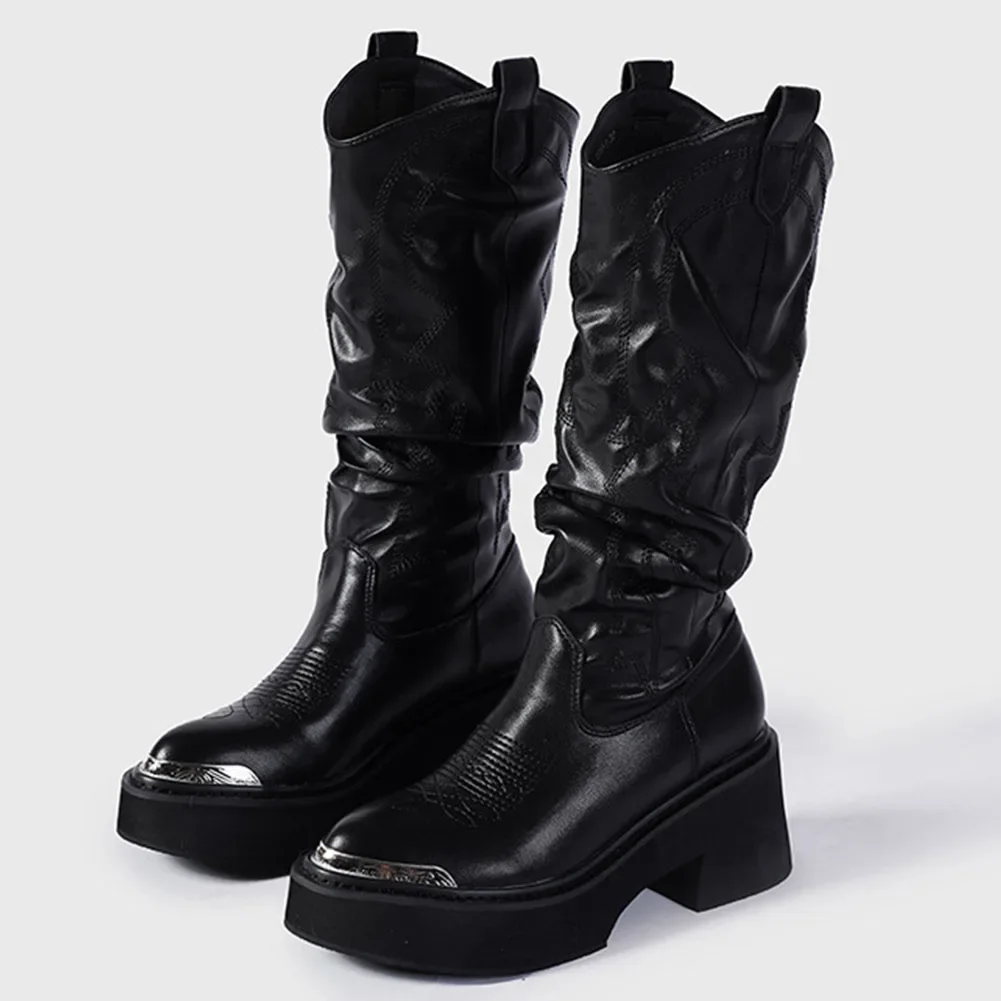 Luxury Brand Motorcycle Women's Calf Boots Platform Chunky High Heels Goth Metal Punk Shoes For Women Winter Comfy Design Boots Luxury Brand Motorcycle Women's Calf Boots Platform Chunky High Heels Goth Metal Punk Shoes For Women Winter Comfy Design Boots