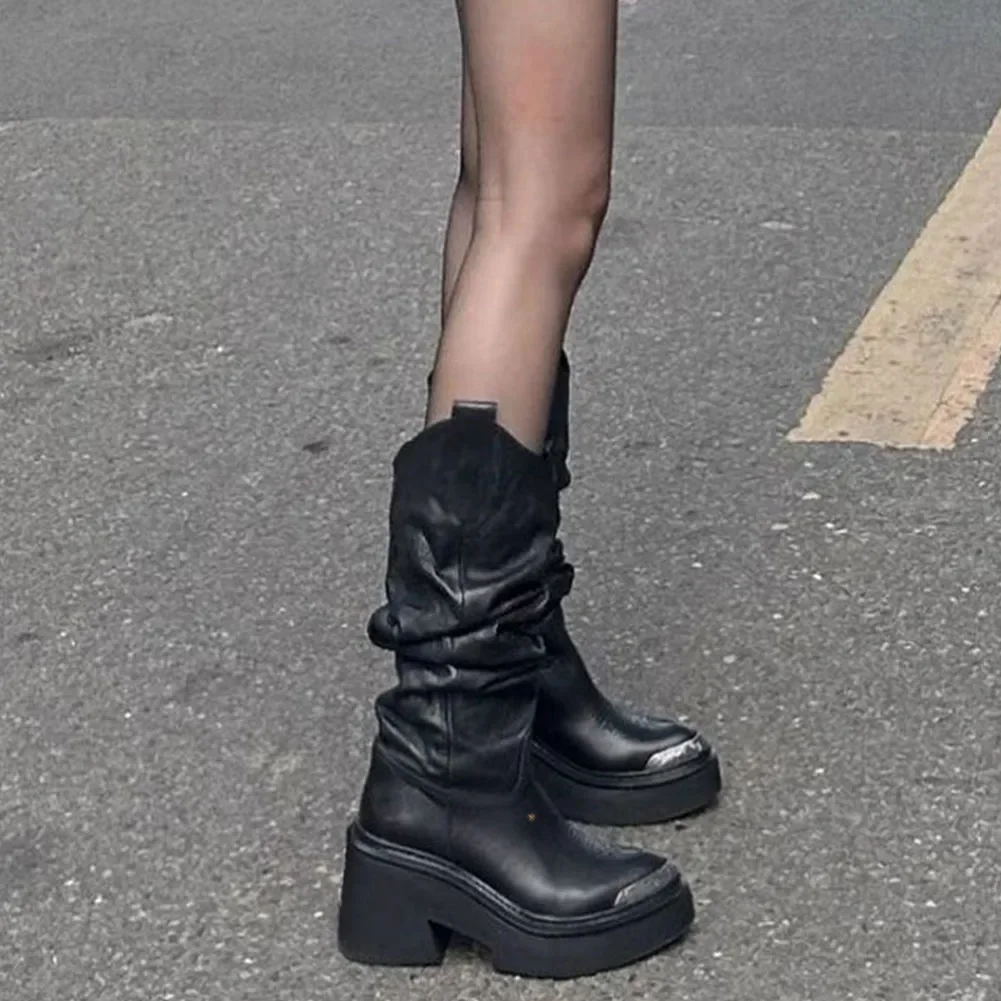 Luxury Brand Motorcycle Women's Calf Boots Platform Chunky High Heels Goth Metal Punk Shoes For Women Winter Comfy Design Boots Luxury Brand Motorcycle Women's Calf Boots Platform Chunky High Heels Goth Metal Punk Shoes For Women Winter Comfy Design Boots