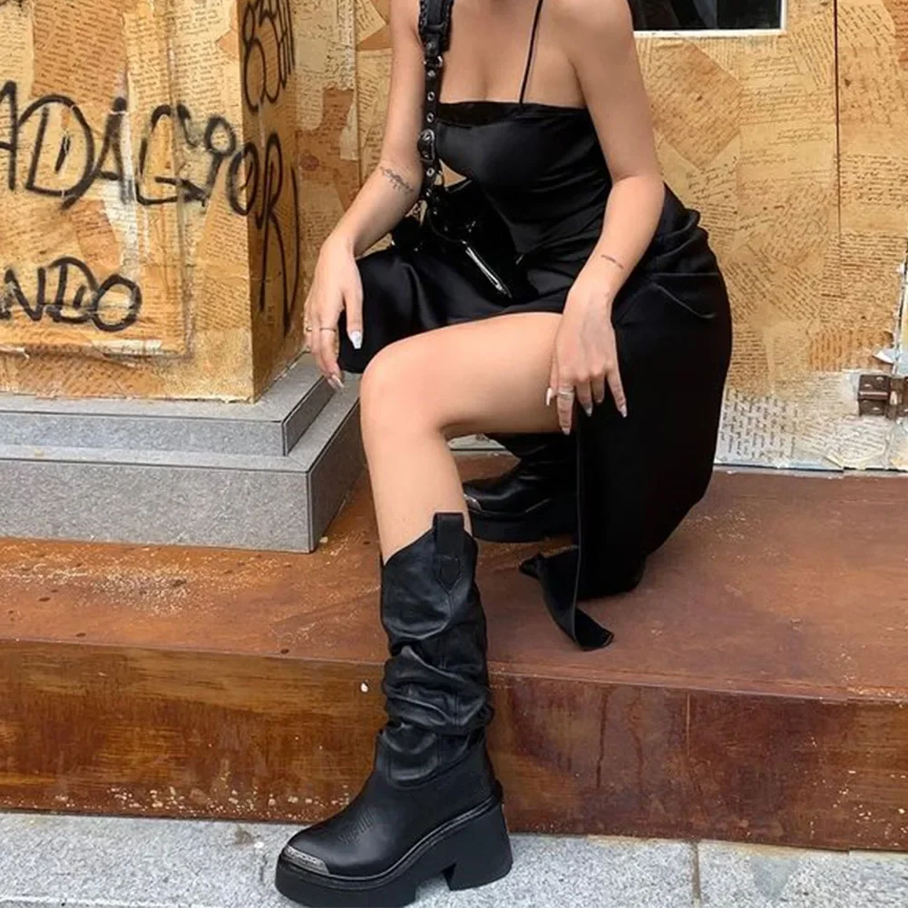 Luxury Brand Motorcycle Women's Calf Boots Platform Chunky High Heels Goth Metal Punk Shoes For Women Winter Comfy Design Boots Luxury Brand Motorcycle Women's Calf Boots Platform Chunky High Heels Goth Metal Punk Shoes For Women Winter Comfy Design Boots