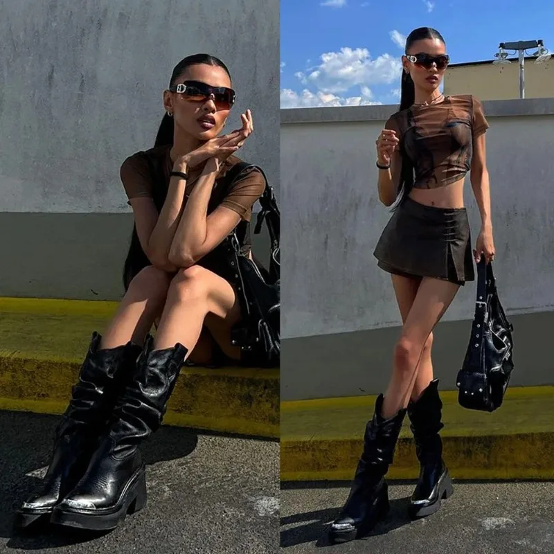 Luxury Brand Motorcycle Women's Calf Boots Platform Chunky High Heels Goth Metal Punk Shoes For Women Winter Comfy Design Boots