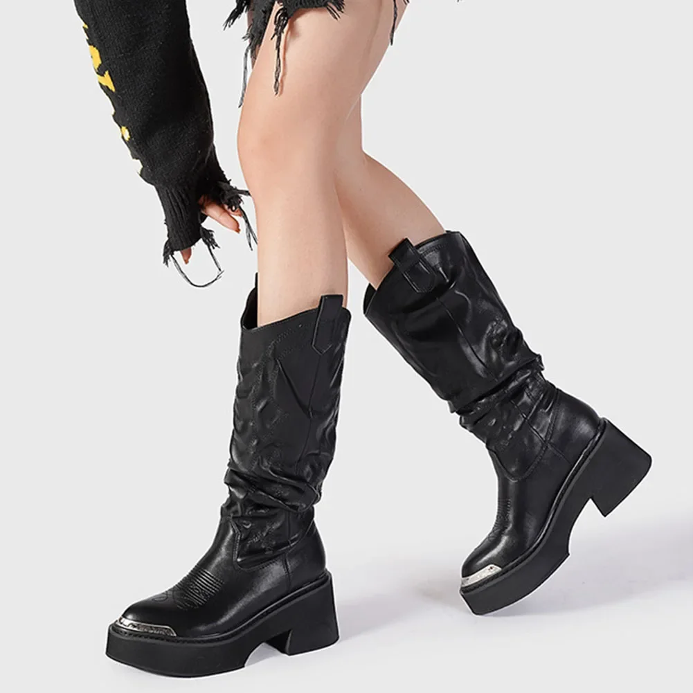 Luxury Brand Motorcycle Women's Calf Boots Platform Chunky High Heels Goth Metal Punk Shoes For Women Winter Comfy Design Boots Luxury Brand Motorcycle Women's Calf Boots Platform Chunky High Heels Goth Metal Punk Shoes For Women Winter Comfy Design Boots