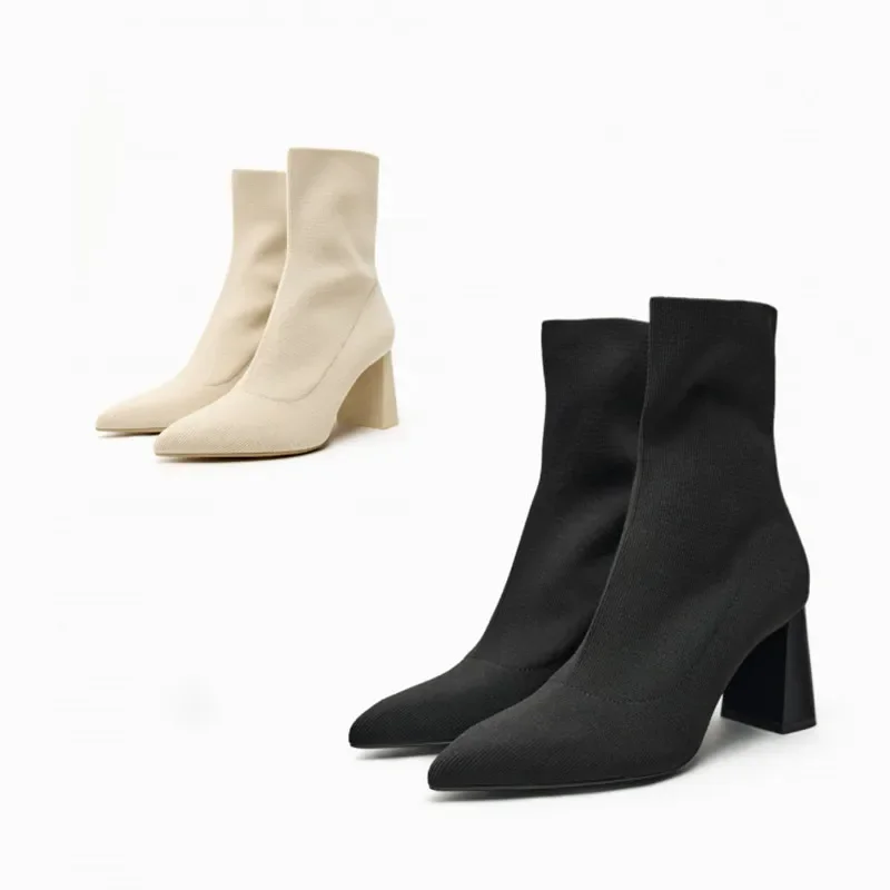 Autumn Winter Knitted Stretch Fabric Socks Boots Women Low Heel Short Boots Pointed Toe Female Ankle Booties Size 42 Autumn Winter Knitted Stretch Fabric Socks Boots Women Low Heel Short Boots Pointed Toe Female Ankle Booties Size 42