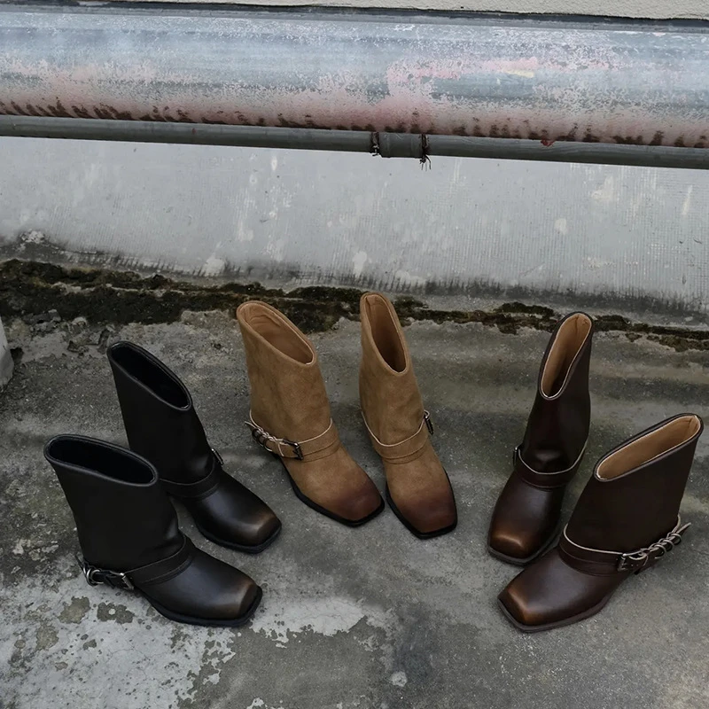 Retro Metal Decoration Buckle Strap Women Boots Crude Heel Square Toe Ladies Short Boots Street Style Hand-made