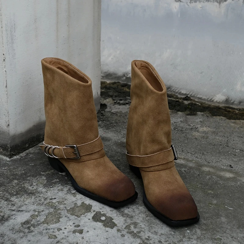Retro Metal Decoration Buckle Strap Women Boots Crude Heel Square Toe Ladies Short Boots Street Style Hand-made