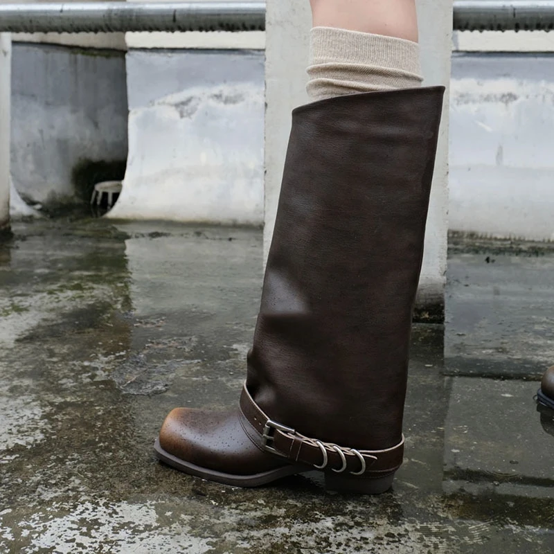 Retro Metal Decoration Buckle Strap Women Boots Crude Heel Square Toe Ladies Short Boots Street Style Hand-made