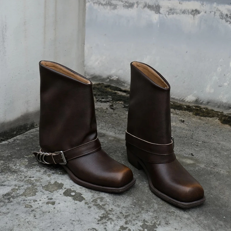Retro Metal Decoration Buckle Strap Women Boots Crude Heel Square Toe Ladies Short Boots Street Style Hand-made