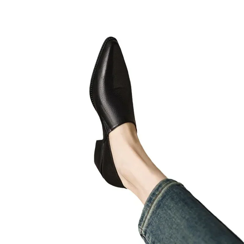 Leather Deep Mouth Single Shoes Women Spring Autumn New Coarse Heel Pointed Toe Retro Small Leather Shoes Women Slip-On Mid Leather Deep Mouth Single Shoes Women Spring Autumn New Coarse Heel Pointed Toe Retro Small Leather Shoes Women Slip-On Mid