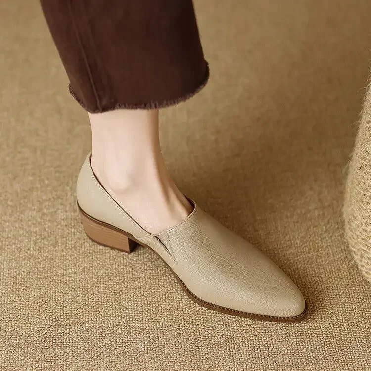 Leather Deep Mouth Single Shoes Women Spring Autumn New Coarse Heel Pointed Toe Retro Small Leather Shoes Women Slip-On Mid Leather Deep Mouth Single Shoes Women Spring Autumn New Coarse Heel Pointed Toe Retro Small Leather Shoes Women Slip-On Mid