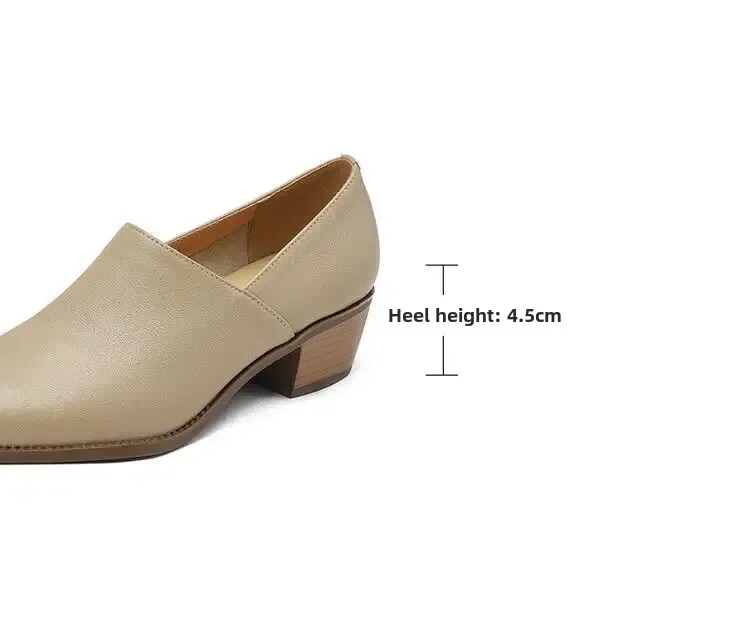 Leather Deep Mouth Single Shoes Women Spring Autumn New Coarse Heel Pointed Toe Retro Small Leather Shoes Women Slip-On Mid