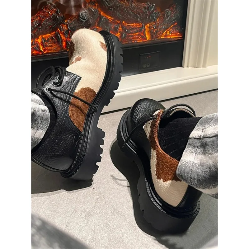 2025 Big Size 46 Unisex Retro Derby Shoes Women Vintage Lace-up Cow Patterned Horsehair Big Toe Flats Shoes for Men 2025 Big Size 46 Unisex Retro Derby Shoes Women Vintage Lace-up Cow Patterned Horsehair Big Toe Flats Shoes for Men