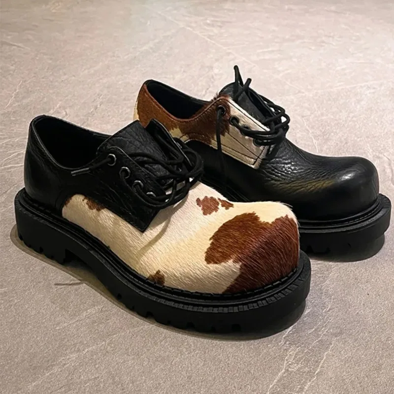 2025 Big Size 46 Unisex Retro Derby Shoes Women Vintage Lace-up Cow Patterned Horsehair Big Toe Flats Shoes for Men 2025 Big Size 46 Unisex Retro Derby Shoes Women Vintage Lace-up Cow Patterned Horsehair Big Toe Flats Shoes for Men