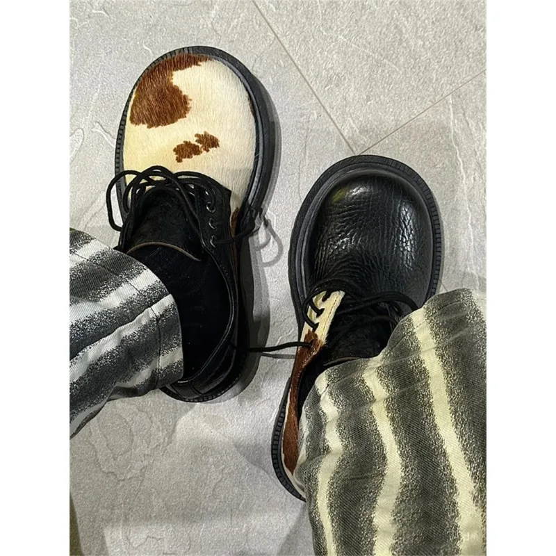 2025 Big Size 46 Unisex Retro Derby Shoes Women Vintage Lace-up Cow Patterned Horsehair Big Toe Flats Shoes for Men 2025 Big Size 46 Unisex Retro Derby Shoes Women Vintage Lace-up Cow Patterned Horsehair Big Toe Flats Shoes for Men