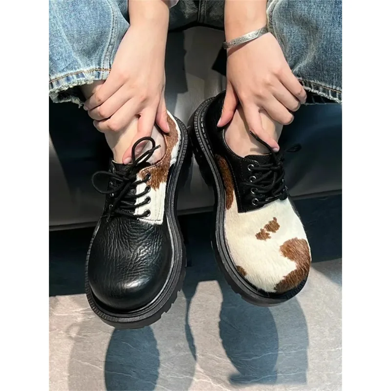 2025 Big Size 46 Unisex Retro Derby Shoes Women Vintage Lace-up Cow Patterned Horsehair Big Toe Flats Shoes for Men 2025 Big Size 46 Unisex Retro Derby Shoes Women Vintage Lace-up Cow Patterned Horsehair Big Toe Flats Shoes for Men