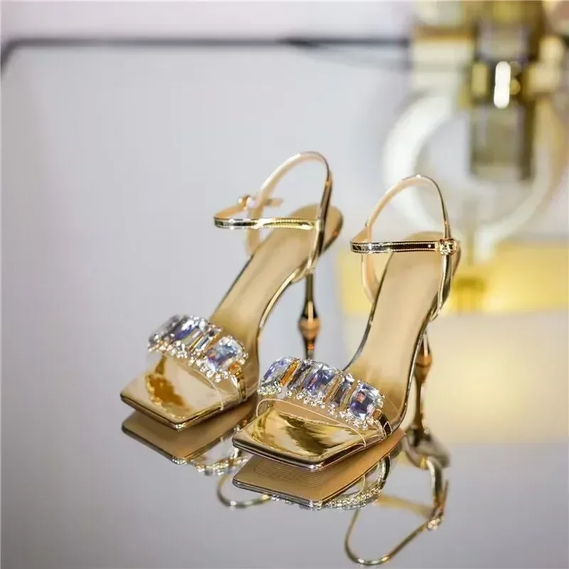 Golden Slim Heel with Diamond Square Toe Sandals for Women in The Summer of , New Fairy Style Open Toe Sexy High Heels