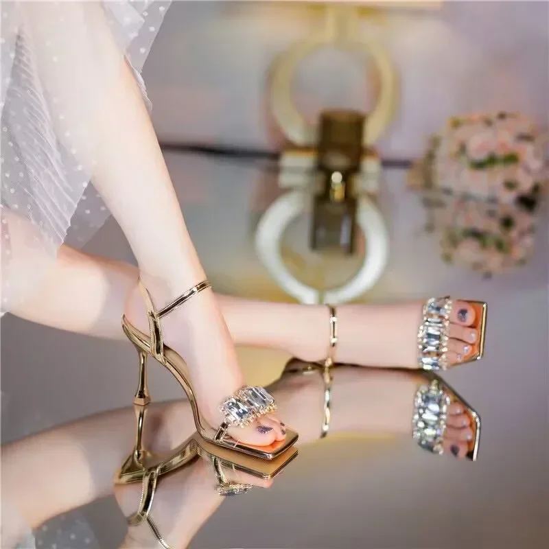Golden Slim Heel with Diamond Square Toe Sandals for Women in The Summer of , New Fairy Style Open Toe Sexy High Heels