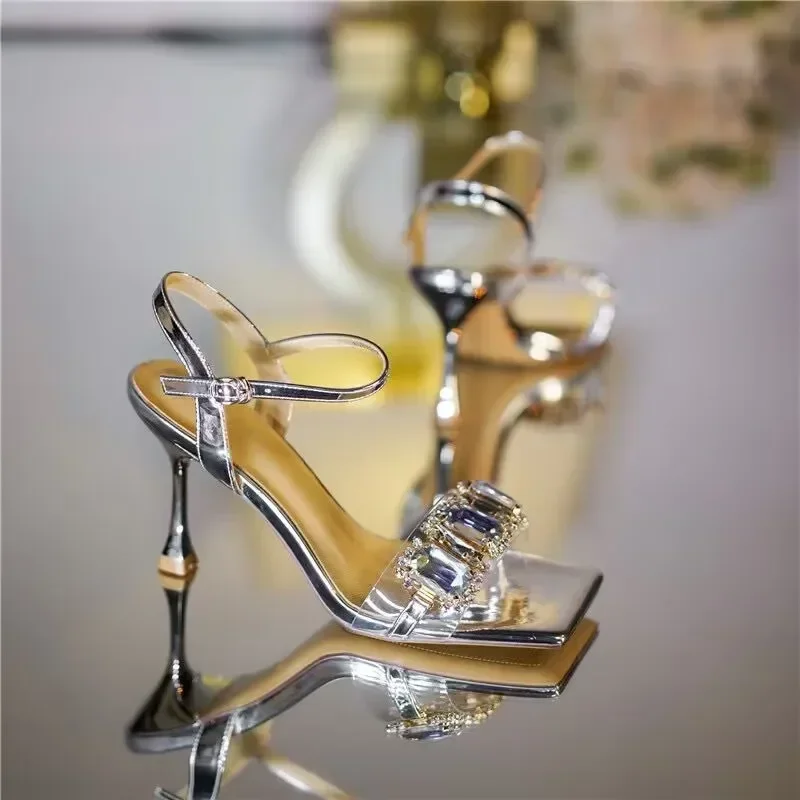 Golden Slim Heel with Diamond Square Toe Sandals for Women in The Summer of , New Fairy Style Open Toe Sexy High Heels