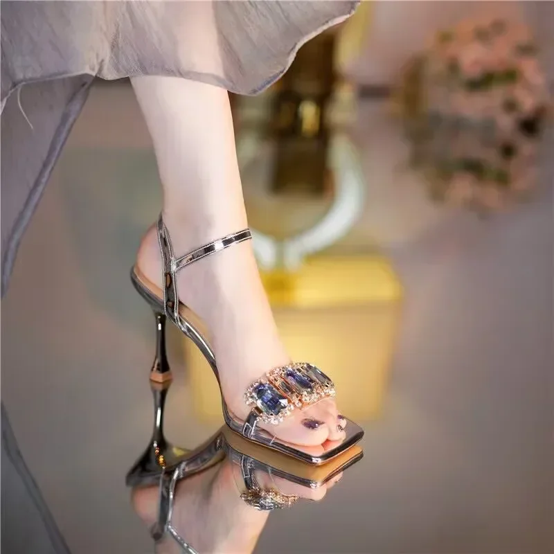 Golden Slim Heel with Diamond Square Toe Sandals for Women in The Summer of , New Fairy Style Open Toe Sexy High Heels