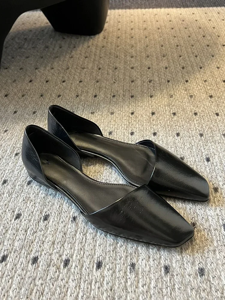 Genuine Leather Flat Shoes Women Retro Small Square Toe Slanted Mouth Hollow Single Shoes for Women Spring Autumn Flat Sandals