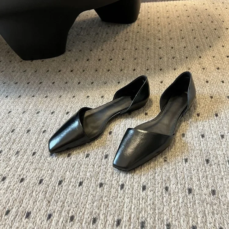 Genuine Leather Flat Shoes Women Retro Small Square Toe Slanted Mouth Hollow Single Shoes for Women Spring Autumn Flat Sandals