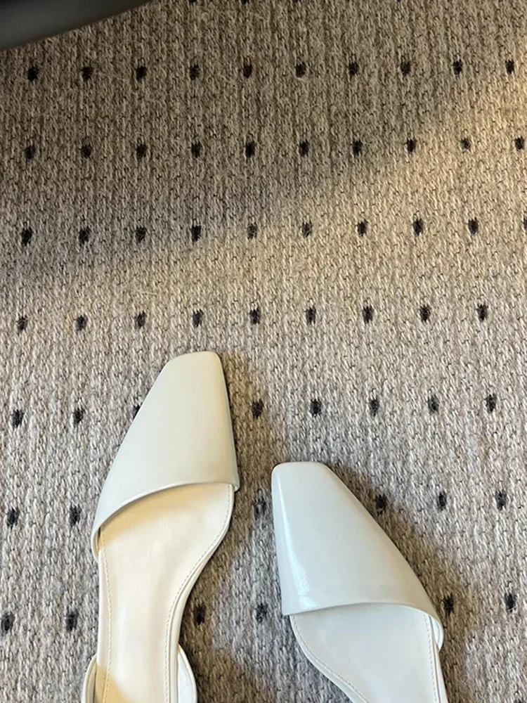 Genuine Leather Flat Shoes Women Retro Small Square Toe Slanted Mouth Hollow Single Shoes for Women Spring Autumn Flat Sandals