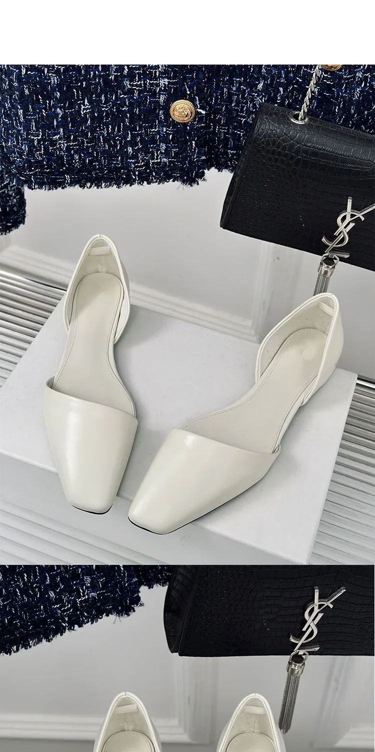 Genuine Leather Flat Shoes Women Retro Small Square Toe Slanted Mouth Hollow Single Shoes for Women Spring Autumn Flat Sandals