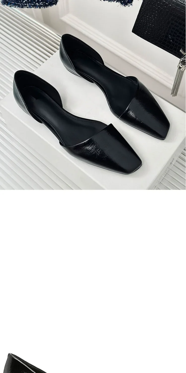 Genuine Leather Flat Shoes Women Retro Small Square Toe Slanted Mouth Hollow Single Shoes for Women Spring Autumn Flat Sandals