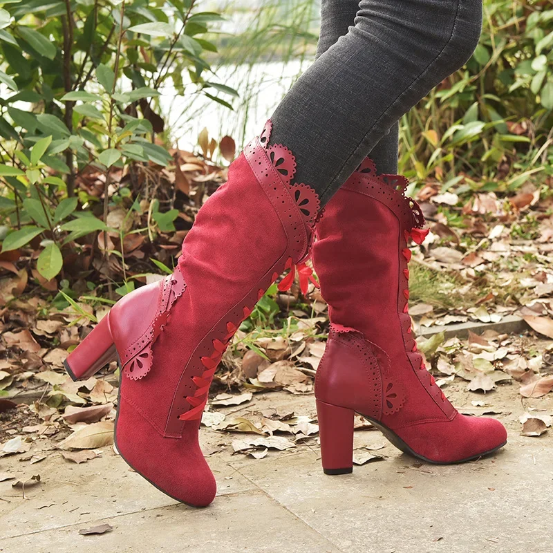 Women Lace Women's High Heel Middle Tube Boots Retro Leather Winter Shoes Booties Cowboy