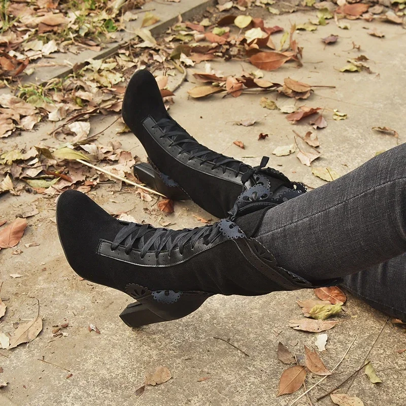 Women Lace Women's High Heel Middle Tube Boots Retro Leather Winter Shoes Booties Cowboy