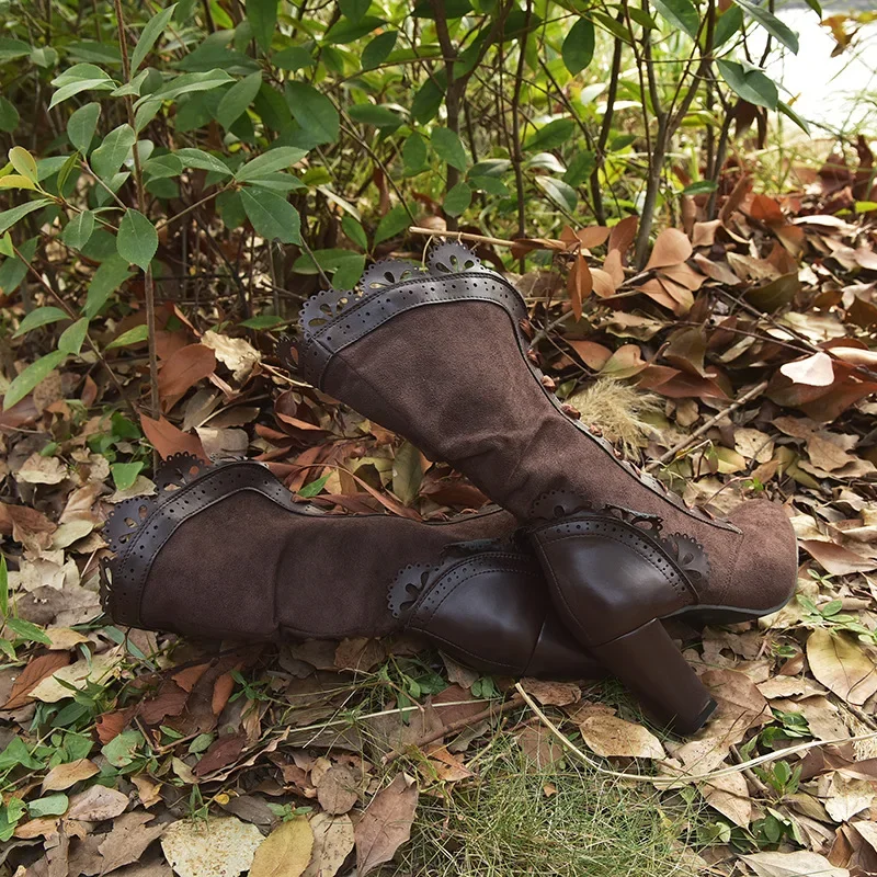 Women Lace Women's High Heel Middle Tube Boots Retro Leather Winter Shoes Booties Cowboy