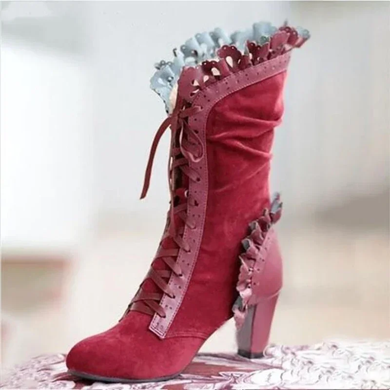 Women Lace Women's High Heel Middle Tube Boots Retro Leather Winter Shoes Booties Cowboy