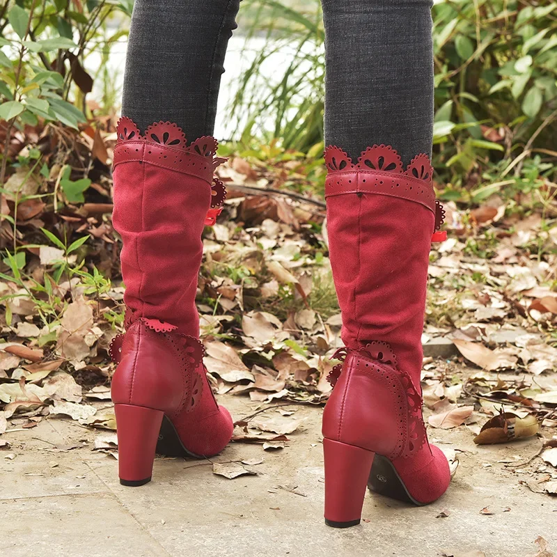 Women Lace Women's High Heel Middle Tube Boots Retro Leather Winter Shoes Booties Cowboy