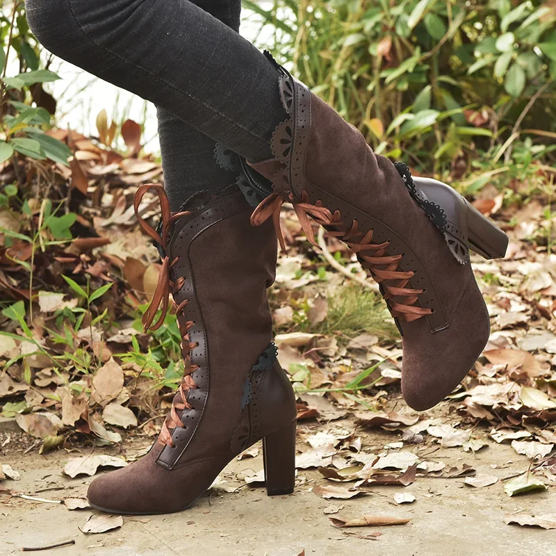 Women Lace Women's High Heel Middle Tube Boots Retro Leather Winter Shoes Booties Cowboy