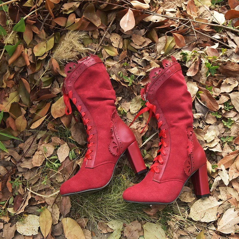 Women Lace Women's High Heel Middle Tube Boots Retro Leather Winter Shoes Booties Cowboy