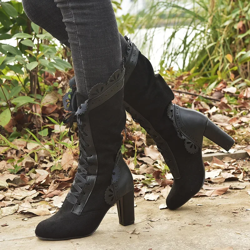 Women Lace Women's High Heel Middle Tube Boots Retro Leather Winter Shoes Booties Cowboy