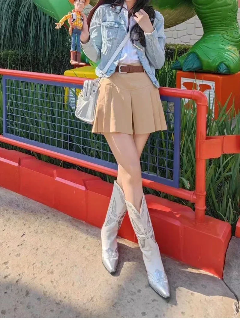 Vintage Embroidery Women Western Cowgirl Boots Fashion Slip on Shoes Autumn Winter Square Heel Ladies Knight Long Booties